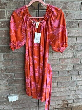 Uncle Frank Orange with Pink Floral Puff-Sleeve Midi Dress